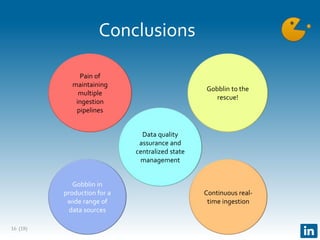 (18)
Conclusions
16
Pain of
maintaining
multiple
ingestion
pipelines
Gobblin to the
rescue!
Data quality
assurance and
centralized state
management
Gobblin in
production for a
wide range of
data sources
Continuous real-
time ingestion
 