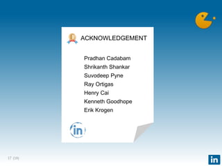 (18)17
ACKNOWLEDGEMENT
Pradhan Cadabam
Shrikanth Shankar
Suvodeep Pyne
Ray Ortigas
Henry Cai
Kenneth Goodhope
Erik Krogen
 