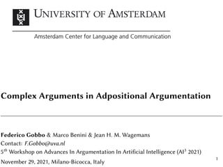 Complex Arguments in Adpositional Argumentation
Federico Gobbo & Marco Benini & Jean H. M. Wagemans
Contact: F.Gobbo@uva.nl
5th
Workshop on Advances In Argumentation In Artificial Intelligence (AI3
2021)
November 29, 2021, Milano-Bicocca, Italy
1
 