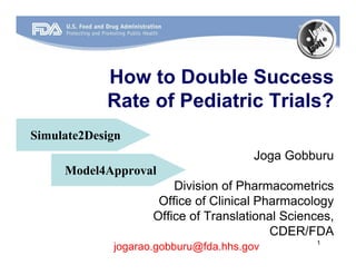How to Double Success
            Rate of Pediatric Trials?
Simulate2Design
                                       Joga Gobburu
     Model4Approval
                        Division of Pharmacometrics
                     Office of Clinical Pharmacology
                    Office of Translational Sciences,
                                          CDER/FDA
                                                 1
             jogarao.gobburu@fda.hhs.gov
 