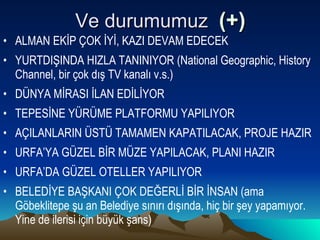 Ve durumumuz  (+) ALMAN EKİP ÇOK İYİ, KAZI DEVAM EDECEK YURTDIŞINDA HIZLA TANINIYOR (National Geographic, History Channel, bir çok dış TV kanalı v.s.) DÜNYA MİRASI İLAN EDİLİYOR TEPESİNE YÜRÜME PLATFORMU YAPILIYOR AÇILANLARIN ÜSTÜ TAMAMEN KAPATILACAK, PROJE HAZIR URFA’YA GÜZEL BİR MÜZE YAPILACAK, PLANI HAZIR URFA’DA GÜZEL OTELLER YAPILIYOR BELEDİYE BAŞKANI ÇOK DEĞERLİ BİR İNSAN (ama Göbeklitepe şu an Belediye sınırı dışında, hiç bir şey yapamıyor. Yine de ilerisi için büyük şans) 