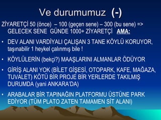 Ve durumumuz  (-) ZİYARETÇİ 50 (önce)  – 100 (geçen sene) – 300 (bu sene) => GELECEK SENE  GÜNDE 1000+ ZİYARETÇİ  AMA: DEV ALANI VARDİYALI ÇALIŞAN 3 TANE KÖYLÜ KORUYOR,  taşınabilir 1 heykel çalınmış bile !  KÖYLÜLERİN (bekçi?) MAAŞLARINI ALMANLAR ÖDÜYOR GİRİŞ ALANI YOK (BİLET GİŞESİ, OTOPARK, KAFE, MAĞAZA, TUVALET) KÖTÜ BİR PROJE BİR YERLERDE TAKILMIŞ DURUMDA (yani ANKARA’DA) ARABALAR BİR TAPINAĞIN PLATFORMU ÜSTÜNE PARK EDİYOR (TÜM PLATO ZATEN TAMAMEN SİT ALANI) 