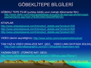 GÖBEKLĠTEPE BĠLGĠLERĠ
GÖBEKLĠ TEPE FĠLMĠ (yurtdıĢı ödüllü uzun metrajlı dökümanter film):
  http://www.idefix.com/video/gobeklitepe-dunyanin-ilk-tapinagi-ahmet-turgut-
  yazman/tanim.asp?sid=JYEZKOXNV30QV6P56YZU

KĠTAPLAR:
http://www.arkeolojisanat.com/tr/product_details.asp?product=535
http://www.arkeolojisanat.com/tr/product_details.asp?product=820
http://www.arkeolojisanat.com/tr/product_details.asp?product=431

VIDEO (demin seyrettiğiniz): http://www.wimp.com/unexplainedstructure/

TAM YAZI & VIDEO (INGILIZCE NAT. GEO. VIDEO LINKI SAYFADA SOLDA)
  http://ngm.nationalgeographic.com/2011/06/gobekli-tepe/mann-text

YAZININ ÖZETĠ (TÜRKĠYE NAT. GEO):
http://www.nationalgeographic.com.tr/ngm/1106/konu.aspx?Konu=1

  GOOGLE‟A “GÖBEKLĠTEPE” DĠYE ARAYINCA 800,000 + LINK GELĠYOR..
 