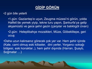GİDİP GÖRÜN
•2 gün bile yeterli
•1.gün: Gaziantep’e uçun, Zeugma müzesi’ni görün, yolda
Halfeti’de yemek yiyip, tekne turu yapın, Şanlıurfa’ya gelip
akşamüstü ve gece şehri gezin (çarşılar ve balıklıgöl civarı)
•2.gün: Heleplibahçe mozaikleri, Müze, Göbeklitepe, geri
ucuş
•Daha uzun kalırsanız görecek çok yer var. Hem şehir içinde
(Kale, cami olmuş eski kiliseler, dini yerler, Yorgancı sokağı
bölgesi, eski konaklar..), hem şehir dışında (Harran, Şuayb,
Soğmatar …)
 