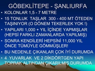 GÖBEKLİTEPE - ŞANLIURFA
• KOLONLAR 1,5 - 7 METRE
• 15 TONLUK TAŞLAR 300 - 400 MT ÖTEDEN
TAŞINIYOR (O DÖNEM TEKERLEK YOK !)
• YAPILARI 1,000 + YIL İÇİNDE YAPMIŞLAR
(HEPSİ FARKLI ZAMANLARDA YAPILMIŞ)
• SONRA KENDİLERİ HEPSİNİ 11,000 YIL
ÖNCE TÜMÜYLE GÖMMÜŞLER!
• BU NEDENLE ÇIKANLAR ÇOK İYİ DURUMDA
• 4 YUVARLAK VE 2 DİKDÖRTGEN YAPI
TOPRAK ALTINDAN ÇIKARILMIŞ DURUMDA
 