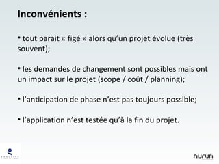 Inconvénients : tout parait « figé » alors qu’un projet évolue (très souvent); les demandes de changement sont possibles mais ont un impact sur le projet (scope / coût / planning); l’anticipation de phase n’est pas toujours possible; l’application n’est testée qu’à la fin du projet. 