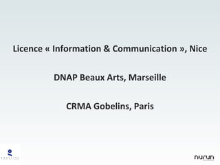 Licence « Information & Communication », Nice DNAP Beaux Arts, Marseille CRMA Gobelins, Paris 
