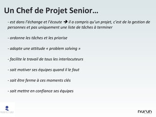 est dans l’échange et l’écoute    il a compris qu’un projet, c’est de la gestion de personnes et pas uniquement une liste de tâches à terminer ordonne les tâches et les priorise adopte une attitude « problem solving » facilite le travail de tous les interlocuteurs sait motiver ses équipes quand il le faut sait être ferme à ces moments clés sait mettre en confiance ses équipes Un Chef de Projet Senior… 