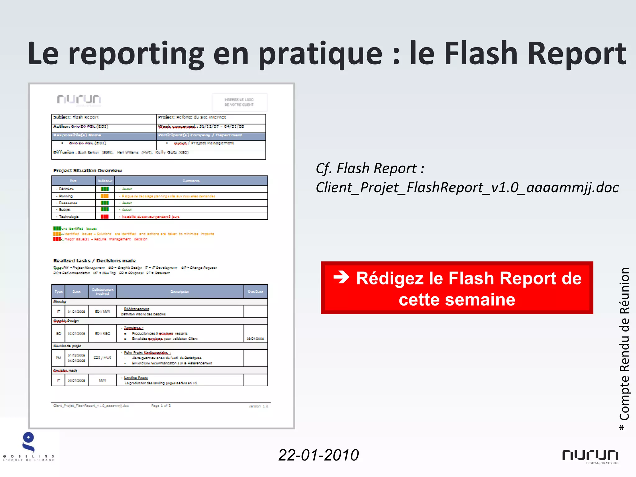 * Compte Rendu de Réunion Cf. Flash Report :  Client_Projet_FlashReport_v1.0_aaaammjj.doc Le reporting en pratique : le Flash Report Rédigez le Flash Report de cette semaine 