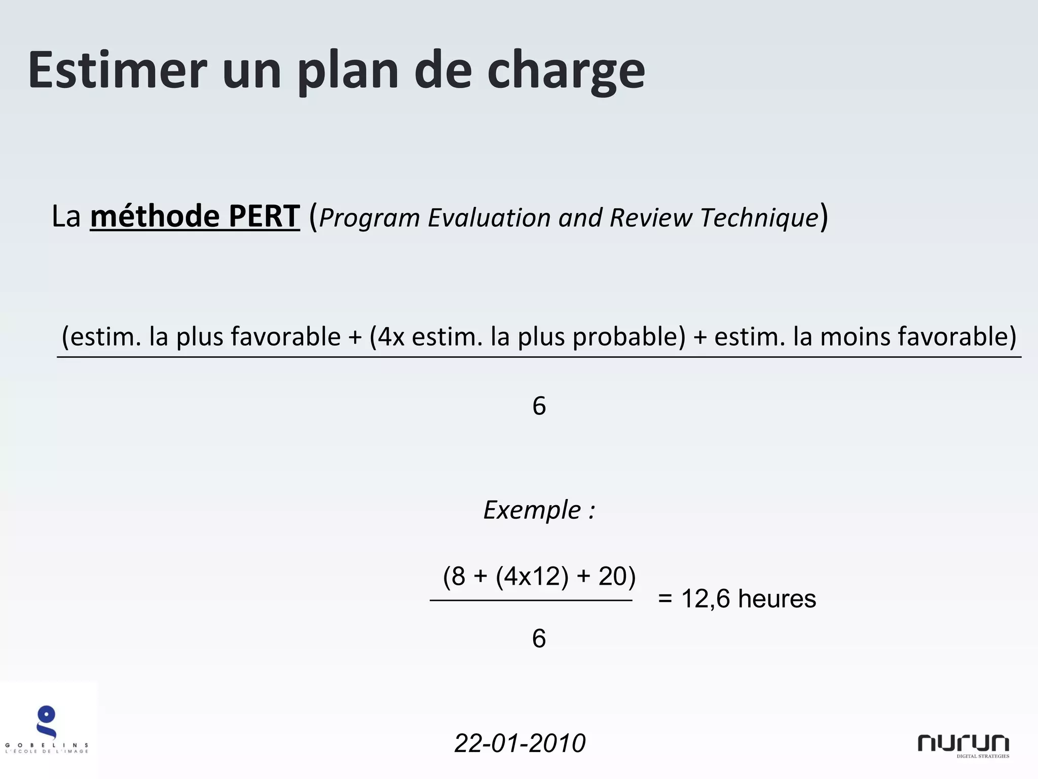 Estimer un plan de charge La  méthode PERT  ( Program Evaluation and Review Technique ) (estim. la plus favorable + (4x estim. la plus probable) + estim. la moins favorable) 6 Exemple : (8 + (4x12) + 20) 6 = 12,6 heures 
