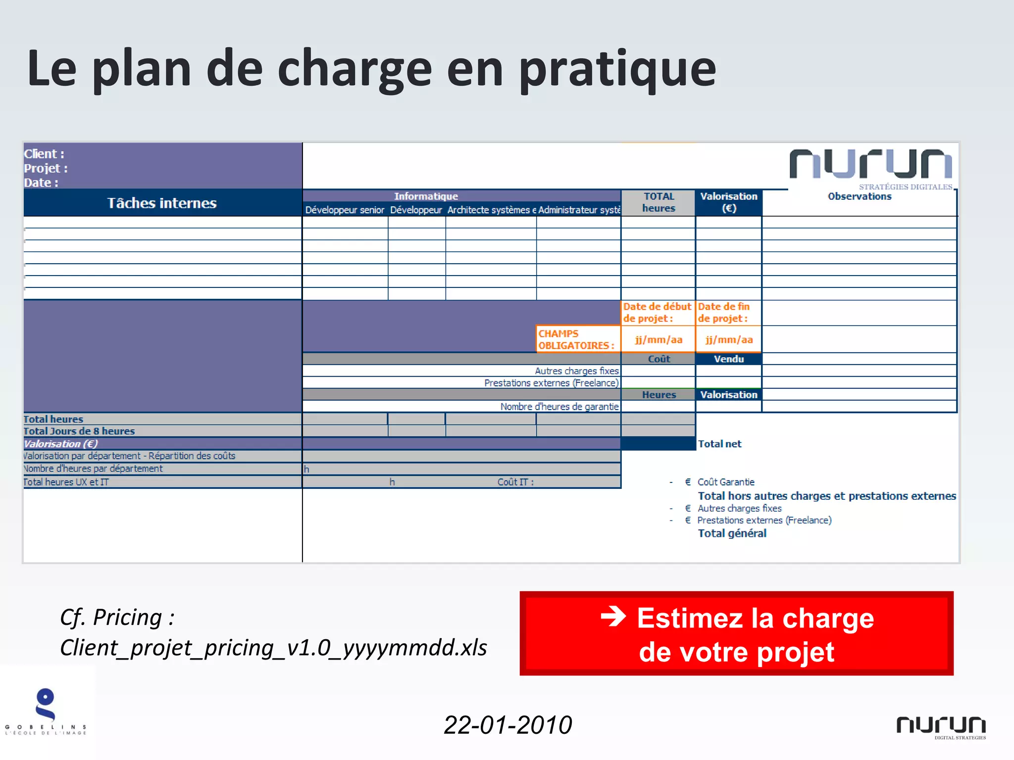Cf. Pricing : Client_projet_pricing_v1.0_yyyymmdd.xls Estimez la charge de votre projet Le plan de charge en pratique 