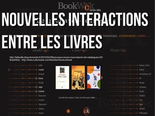 nnoouuvveelllleess iinntteerraaccttiioonnss 
eennttrree lleess lliivvrreess 
http://lafeuille.blog.lemonde.fr/2010/04/28/pourquoi-avons-nous-besoin-de-catalogues-20/ 
BookWok : http://www.culturewok.com/lewokentravaux/book 
 