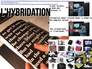 http://lafeuille.blog.lemonde.fr/2007/06/20/bluebook-le-chainon-manquant-entre-le-livre-physique-et-le-livre-electronique/ 
http://unbindingthebook.com/ 
http://lafeuille.blog.lemonde.fr/2011/02/03/le-livre-papier-comme-nouvelle-plateforme-de-jeu/ 
LL''hhyybbrriiddaattiioonn 
 