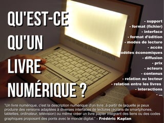 - support 
- format (fichier) 
- interface 
- format d’édition 
- modes de lecture 
- accès 
- modèles économiques 
- diffusion 
- prix 
- acteurs 
- contenus 
- relation au lecteur 
- relation entre les livres 
- interactions 
- ... 
QQuu''eesstt--ccee 
qquu''uunn 
lliivvrree 
nnuumméérriiqquuee ?? 
””nu Un livre numérique, c'est la description numméérriiqquuee dd''uunn lliivvrree,, àà ppaarrttiirr ddee llaaqquueellllee jjee ppeeuuxx 
pprroodduuiirree ddeess vveerrssiioonnss aaddaappttééeess àà ddiivveerrsseess iinntteerrffaacceess ddee lleeccttuurreess ((ééccrraannss ddee ssmmaarrttpphhoonneess,, 
ttaabblleetttteess,, oorrddiinnaatteeuurr,, ttéélléévviissiioonn)) oouu mmêêmmee ccrrééeerr uunn lliivvrree ppaappiieerr iinnttééggrraanntt ddeess lliieennss oouu ddeess ccooddeess 
ggrraapphhiiqquueess pprrooppoossaanntt ddeess ppoonnttss aavveecc llee mmoonnddee ddiiggiittaall..”” -- FFrrééddéérriicc KKaappllaann 
 