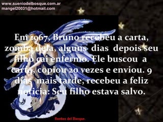 Galvany Bladimir Valdivia Tirado
galvanybvtvida@gmail.com
galvanybvtvida@yahoo.es
galvanybvtvida@hotmail.com
Em 1967, Bruno recebeu a carta,
zomba dela, alguns dias depois seu
filho cai enfermo. Ele buscou a
carta, copiou 20 vezes e enviou. 9
dias mais tarde, recebeu a feliz
noticia: Seu filho estava salvo.
www.sueniodelbosque.com.ar
mangel20031@hotmail.com
 