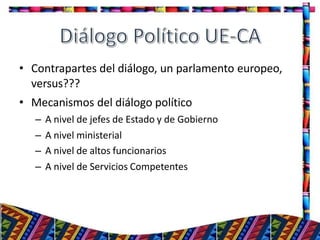 • Contrapartes del diálogo, un parlamento europeo,
versus???
• Mecanismos del diálogo político
– A nivel de jefes de Estado y de Gobierno
– A nivel ministerial
– A nivel de altos funcionarios
– A nivel de Servicios Competentes
27
 