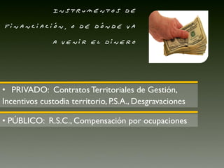 Instrumentos de
financiación, o de dónde va
              a venir el dinero




• PRIVADO: Contratos Territoriales de Gestión,
Incentivos custodia territorio, P.S.A., Desgravaciones

• PÚBLICO: R.S.C., Compensación por ocupaciones
 