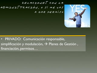 RELACIONES CON LA
ADMINISTRACIÓN, o si me vas
             a dar permiso




• PRIVADO: Comunicación responsable,
simplificación y modulación,  Planes de Gestión ,
financiación, permisos…
 