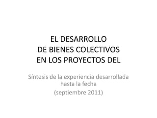 EL DESARROLLO DE BIENES COLECTIVOS EN LOS PROYECTOS DEL  Síntesis de la experiencia desarrollada hasta la fecha (septiembre 2011) 