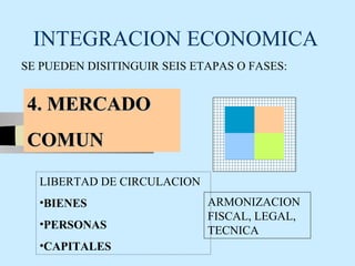 INTEGRACION ECONOMICA
SE PUEDEN DISITINGUIR SEIS ETAPAS O FASES:


4. MERCADO
COMUN
  LIBERTAD DE CIRCULACION
  •BIENES                    ARMONIZACION
                             FISCAL, LEGAL,
  •PERSONAS
                             TECNICA
  •CAPITALES
 
