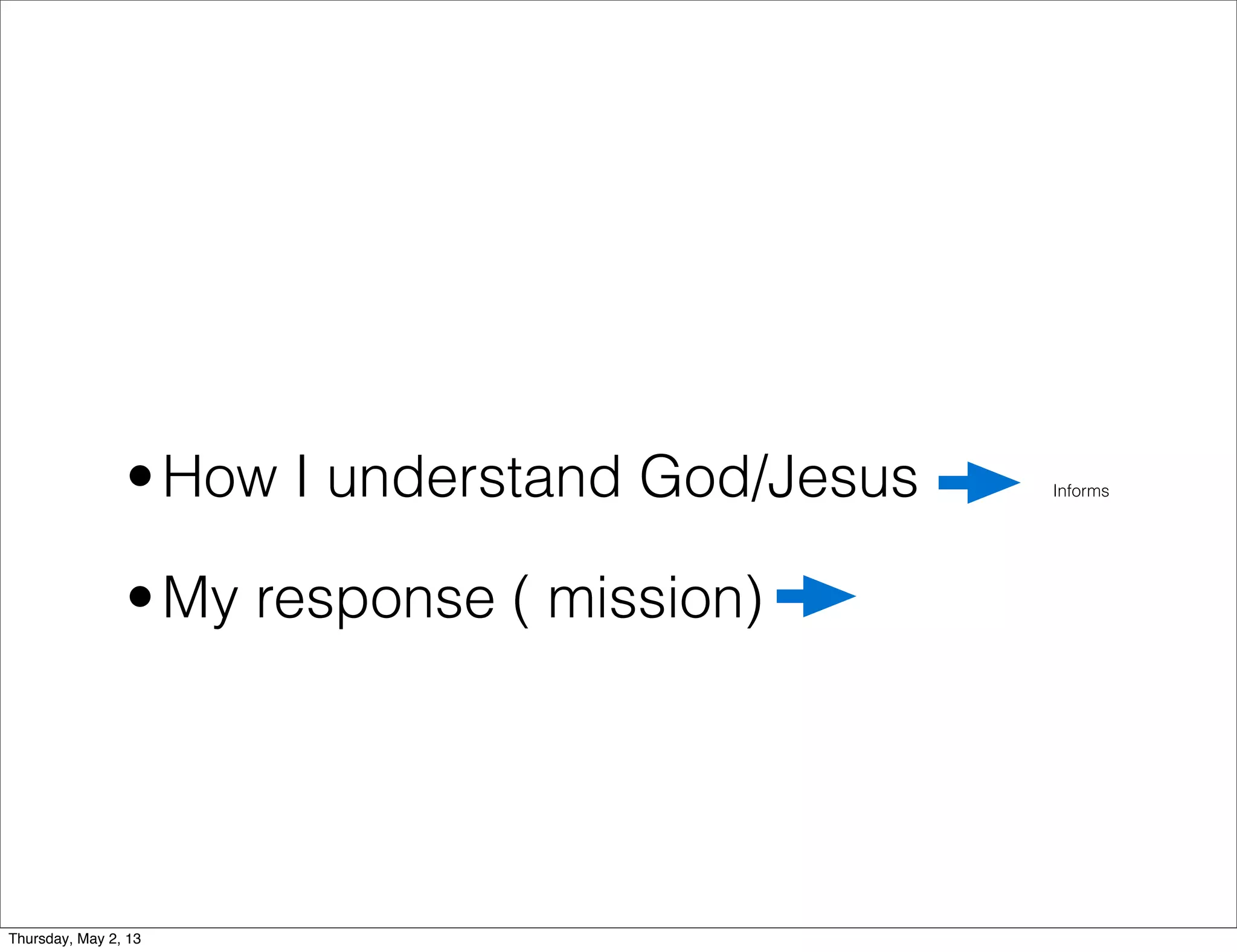 • How I understand God/Jesus
• My response ( mission)

Thursday, May 2, 13

Informs

 