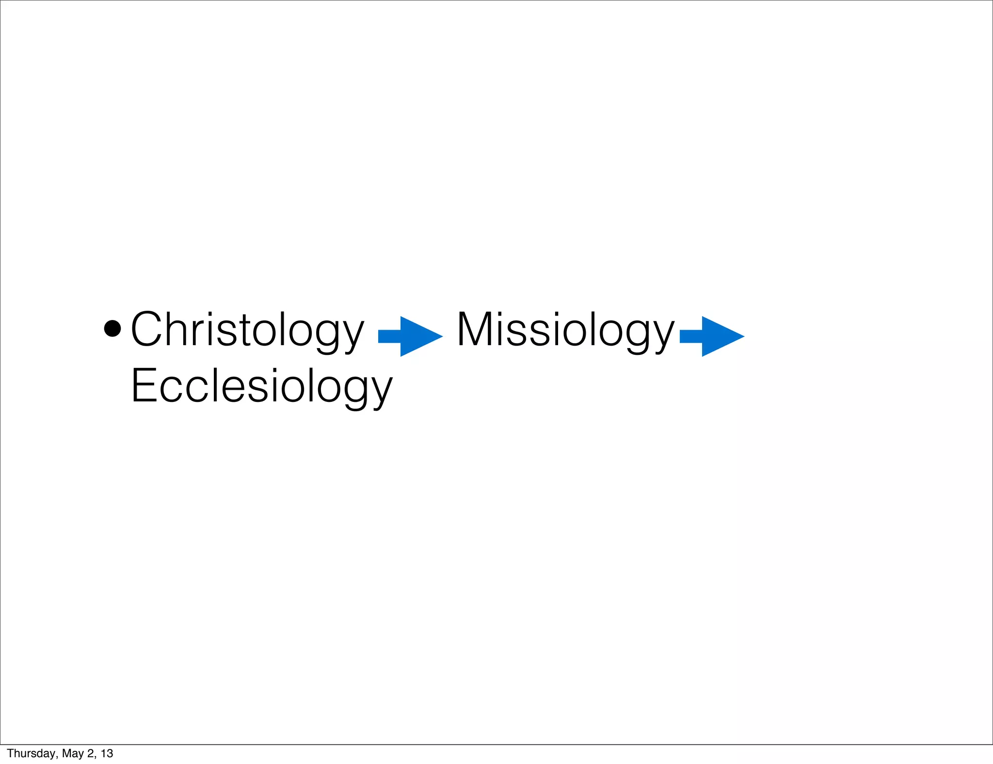 • Christology
Ecclesiology

Thursday, May 2, 13

Missiology

 