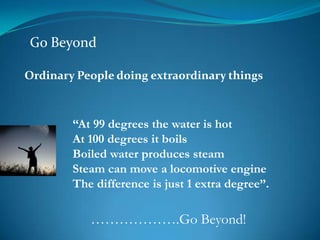 Go Beyond

Ordinary People doing extraordinary things



        “At 99 degrees the water is hot
        At 100 degrees it boils
        Boiled water produces steam
        Steam can move a locomotive engine
        The difference is just 1 extra degree”.

           ……………….Go Beyond!
 