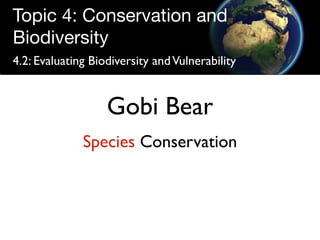 Topic 4: Conservation and
Biodiversity
4.2: Evaluating Biodiversity and Vulnerability


                   Gobi Bear
              Species Conservation
 