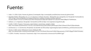 Fuente:
• Galán, J. S. (2020, 9 julio). Sistemas de gobierno. Economipedia. https://economipedia.com/definiciones/sistemas-de-gobierno.html
• Hernández Medina, Monografias.com. (s. f.). La Teocracia o Gobierno Teocrático - Monografias.com. monografias.com. Recuperado 3 de diciembre de
2020, de https://www.monografias.com/trabajos104/teocracia-o-gobierno-teocratico/teocracia-o-gobierno-
teocratico.shtml#:%7E:text=La%20teocracia%20se%20caracteriza%20por,del%20poder%2C%20como%20la%20Rep%C3%BAblicana.
• Gobierno. (s. f.). Importancia. Recuperado 3 de diciembre de 2020, de https://www.importancia.org/gobierno.php
• Castillo, I. (2019, 18 agosto). Aristocracia: origen histórico, características, ejemplos. Lifeder.
https://www.lifeder.com/aristocracia/#:%7E:text=Una%20aristocracia%20es%20una%20forma,que%20las%20masas%20son%20desordenadas.
• Gerontocracia. (s. f.). Gerontocracia. Recuperado 3 de diciembre de 2020, de http://augustomaguina.tripod.com/biblioteca_central/Gerontocracia.htm
• Navarro, J. (2019, enero). Definición de Acracia. Definición ABC.
https://www.definicionabc.com/politica/acracia.php#:%7E:text=En%20esta%20corriente%20de%20pensamiento,y%20el%20papel%20del%20estado).
• S. (2020, 14 octubre). Tecnocracia. Características. https://www.caracteristicas.co/tecnocracia/#ixzz6fbbwUqqO
 