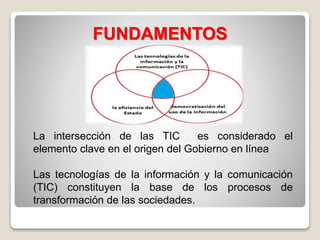 FUNDAMENTOS
La intersección de las TIC es considerado el
elemento clave en el origen del Gobierno en línea
Las tecnologías de la información y la comunicación
(TIC) constituyen la base de los procesos de
transformación de las sociedades.
 