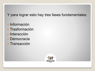 Y para lograr esto hay tres fases fundamentales:
 Información
 Trasformación
 Interacción
 Democracia
 Transacción
 