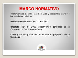MARCO NORMATIVO
Implementado de manera sistemática y coordinada en todas
las entidades públicas:
•Directiva Presidencial No. 02 del 2000
•Decreto 1151 de 2008 (lineamientos generales de la
Estrategia de Gobierno en línea)
•2011 (cambios y avances en el uso y apropiación de la
tecnología)
 