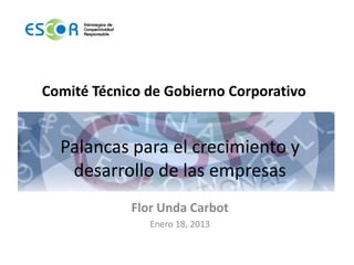 Comité Técnico de Gobierno Corporativo


  Palancas para el crecimiento y
   desarrollo de las empresas
            Flor Unda Carbot
               Enero 18, 2013
 