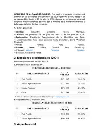 GOBIERNO DE ALEJANDRO TOLEDO: Fue elegido presidente constitucional
del Perú en las elecciones presidenciales de 2001 y gobernó el Perú desde el 28
de julio de 2001 hasta el 28 de julio de 2006, durante su gobierno se inició del
despunte macroeconómico del Perú con el fomento de la inversión extranjera y
la firma de tratados de libre comercio.
1. Datos generales
✍Nombre: Alejandro Celestino Toledo Manrique.
✍ Periodo de gobierno: 28 de julio de 2001 – 28 de julio de 2006.
✍Designación: Presidente Constitucional de la República del Perú.
✍ Vicepresidentes: Raúl Diez Canseco Terry (renunció), David Waisman
Rjavinsthi.
✍Partido Político: Perú Posible.
✍Primera dama: Eliane Chantal Karp Fernenbug.
✍Antecesor: Valentín Paniagua Corazao.
✍ Sucesor: Alan García Pérez.
2. Elecciones presidenciales (2001)
Elecciones presidenciales del Perú de 2001:
A. Primera vuelta: 8 de abril de 2001.
ELECCIONES PRESIDENCIALES DE 2001
N° PARTIDOS POLÍTICOS
VOTOS
VÁLIDOS
PORCENTAJE
1. Perú Posible 3 871 167 36.51 %
2. Partido Aprista Peruano 2 732 857 25.77 %
3. Unidad Nacional 2 576 653 24.30 %
4. Otros 1 421 043 13.42 %
❋ Tabla N° 1: Elecciones Presidenciales de 2001 / Elaborada por Carpetapedagogica.com
B. Segunda vuelta: 3 de junio de 2001.
SEGUNDA VUELTA ELECCIONES DE 2001
N° PARTIDOS POLÍTICOS
VOTOS
VÁLIDOS
PORCENTAJE
1. Perú Posible 5 548 209 53.08 %
2. Partido Aprista Peruano 4 904 813 46.92 %
3. Aspecto social
 