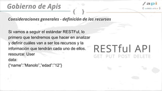 API Governance
Definimos recursos y atributos dentro de la
organización:
User
data:
{“name”:”Manolo”,”edad”:”12”}
Definiendo recursos
 