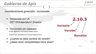 API Governance
Versionado
➢ Url
GET XXX/ejemplo/v1.0/users/
➢ Header
Accept: application/vnd.company.myapp-v3+json
Content-Type:
application/vnd.company.myapp-v3+json
➢ ¿Cuando se cambia de versión?
➢ ¿cuando se rompe la compatibilidad hacia atrás?
 