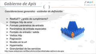 ➢ Restful??
➢ Código de error de HTTP
➢ Formato de parámetros de entrada
➢ Parámetros especiales
➢ Formato de entrada / salida
➢ Verbos HTTP
➢ Paginación
➢ Niveles dentro de la URL
➢ Hypermedia
➢ ¿Granularidad?
Definiendo un estándar
API Governance
 