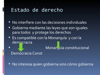 Estado de derecho No interfiere con las decisiones individuales Gobierna mediante las leyes que son iguales para todos  y protege los derechos Es compatible con la Monarquía  y con la democracia Monarquía constitucional Democracia Const No interesa quien gobierna sino cómo gobierna 