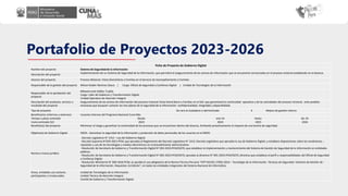 Portafolio de Proyectos 2023-2026
Ficha de Proyecto de Gobierno Digital
Nombre del proyecto Sistema de Seguridad de la Información
Descripción del proyecto
Implementación de un Sistema de Seguridad de la Información, que permitirá el aseguramiento de los activos de información que se encuentran enmarcados en el proceso misional establecido en el alcance.
Alcance del proyecto Proceso Misional: Visita Domiciliaria a Familias en el Servicio de Acompañamiento a Familias
Responsable de la gestión del proyecto Wilson Rubén Ramirez Gasco | Cargo: Oficial de Seguridad y Confianza Digital | Unidad de Tecnologías de la Información
Responsable de la aprobación del
proyecto
Milward José Ubillús Trujillo
Cargo: Líder de Gobierno y Transformación Digital
Unidad Operativa de Atención Integral.
Descripción del producto, servicio o
resultado del proyecto
Aseguramiento de los activos de información del proceso misional Visita Domiciliaria a Familias en el SAF, que garantizará la continuidad operativa y de las actividades del proceso misional, ante posibles
amanezas que busquen vulnerar los tres pilares de la seguridad de la información: confidencialidad, integridad y disponibilidad.
Tipo de proyecto De cara al ciudadano o administrado X Mejora de gestión interna
Beneficiarios (internos y externos) Usuarios internos del Programa Nacional Cuna Más
Tiempo o plazo estimado Desde: ene-24 Hasta: dic-24
Costo estimado (S/) 2023 2024 2025 2026
Beneficio(s) del proyecto Minimizar el riesgo y garantizar la continuidad de los procesos que se encuentran dentro del alcance, limitando proactivamente el impacto de una brecha de seguridad.
Objetivo(s) de Gobierno Digital OGD5 - Garantizar la seguridad de la información y protección de datos personales de los usuarios en el MIDIS
Norma o marco jurídico
- Decreto Legislativo N° 1412 – Ley del Gobierno Digital.
- Decreto Supremo N°029-2021-PCM, que aprueba el Reglamento del Decreto Legislativo N° 1412, Decreto Legislativo que aprueba la Ley de Gobierno Digital, y establece disposiciones sobre las condiciones, -
requisitos y uso de las tecnologías y medios electrónicos en el procedimiento administrativo.
- Resolución de Secretaría de Gobierno y Transformación Digital N° 003-2023-PCM/SGTD, que establece la implementación y mantenimiento del Sistema de Gestión de Seguridad de la Información en entidades
públicas.
- Resolución de Secretaría de Gobierno y Transformación Digital N° 002-2023-PCM/SGTD, aprueba la directiva N° 001-2023-PCM/SGTD, directiva que establece el perfil y responsabilidades del Oficial de Seguridad
y Confianza Digital.
- Resolución Ministerial N° 004-2016-PCM, se aprobó el uso obligatorio de la Norma Técnica Peruana “NTP ISO/IEC 27001:2014 – Tecnología de la Información. Técnicas de Seguridad. Sistemas de Gestión de -
Seguridad de la Información. Requisitos 2a Edición”, en todas las entidades integrantes del Sistema Nacional de Informática.
Áreas, entidades y/o sectores
participantes o involucrados
Unidad de Tecnologías de la Información.
Unidad Técnica de Atención Integral.
Comité de Gobierno y Transformación Digital.
 