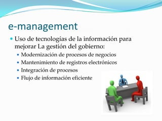 e-managementUso de tecnologías de la información para mejorar La gestión del gobierno:Modernización de procesos de negociosMantenimiento de registros electrónicosIntegración de procesos Flujo de información eficiente