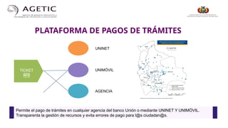 PLATAFORMA DE PAGOS DE TRÁMITES
UNIMÓVIL
UNINET
AGENCIA
TICKET
Permite el pago de trámites en cualquier agencia del banco Unión o mediante UNINET Y UNIMÓVIL.
Transparenta la gestión de recursos y evita errores de pago para l@s ciudadan@s.
 