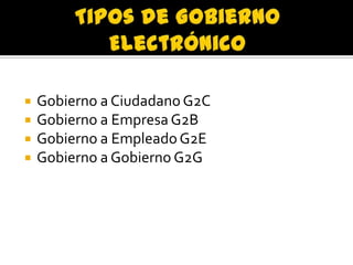 




Gobierno a Ciudadano G2C
Gobierno a Empresa G2B
Gobierno a Empleado G2E
Gobierno a Gobierno G2G

 