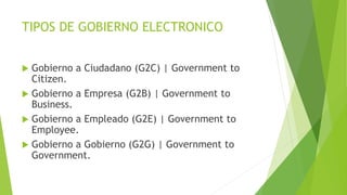 TIPOS DE GOBIERNO ELECTRONICO
 Gobierno a Ciudadano (G2C) | Government to
Citizen.
 Gobierno a Empresa (G2B) | Government to
Business.
 Gobierno a Empleado (G2E) | Government to
Employee.
 Gobierno a Gobierno (G2G) | Government to
Government.
 