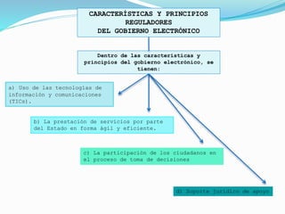CARACTERÍSTICAS Y PRINCIPIOS
REGULADORES
DEL GOBIERNO ELECTRÓNICO
Dentro de las características y
principios del gobierno electrónico, se
tienen:
a) Uso de las tecnologías de
información y comunicaciones
(TICs).
b) La prestación de servicios por parte
del Estado en forma ágil y eficiente.
c) La participación de los ciudadanos en
el proceso de toma de decisiones
d) Soporte jurídico de apoyo
 