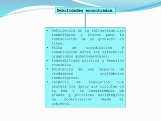 Debilidades encontradas.
• Deficiencia en la infraestructura
tecnológica y física para la
instauración de un gobierno en
línea.
• Falta de coordinación y
comunicación entre los diferentes
organismos gubernamentales.
• Inestabilidad política y Recesión
económica.
• Existencia de una mayoría de
ciudadanos analfabetas
tecnológicos.
• Carencia de regulación que
proteja los datos que circulan en
la red y la inexistencia de
planes y políticas estratégicas
de modernización desde el
gobierno.
 