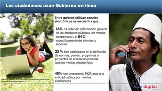 Los ciudadanos usan Gobierno en línea
           Estrategia Gobierno en línea

                                                                  Entre quienes utilizan canales
                                                                  electrónicos se encuentra que….

                                                                  66% ha obtenido información general
                                                                  de las entidades públicas por medios
                                                                  electrónicos y el 64%
                                                                  específicamente de trámites y
                                                                  servicios.

                                                                  23 % han participado en la definición
                                                                  de normas, planes, programas o
                                                                  proyectos de entidades públicas
                                                                  usando medios electrónicos


                                                                  49% han presentado PQR ante una
                                                                  entidad pública por medios
Fuente: Aplicación de la metodología de monitoreo y evaluación.
Programa Gobierno en línea 2011                                   electrónicos
 