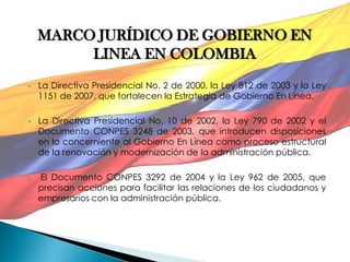 MARCO JURÍDICO DE GOBIERNO EN LINEA EN COLOMBIA 
La Directiva Presidencial No. 2 de 2000, la Ley 812 de 2003 y la Ley 1151 de 2007, que fortalecen la Estrategia de Gobierno En Línea. 
La Directiva Presidencial No. 10 de 2002, la Ley 790 de 2002 y el Documento CONPES 3248 de 2003, que introducen disposiciones en lo concerniente al Gobierno En Línea como proceso estructural de la renovación y modernización de la administración pública. 
 El Documento CONPES 3292 de 2004 y la Ley 962 de 2005, que precisan acciones para facilitar las relaciones de los ciudadanos y empresarios con la administración pública.  