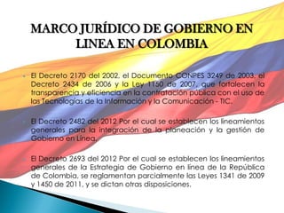 El Decreto 2170 del 2002, el Documento CONPES 3249 de 2003, el Decreto 2434 de 2006 y la Ley 1150 de 2007, que fortalecen la transparencia y eficiencia en la contratación pública con el uso de las Tecnologías de la Información y la Comunicación - TIC. 
El Decreto 2482 del 2012 Por el cual se establecen los lineamientos generales para la integración de la planeación y la gestión de Gobierno en Línea. 
El Decreto 2693 del 2012 Por el cual se establecen los lineamientos generales de la Estrategia de Gobierno en línea de la República de Colombia, se reglamentan parcialmente las Leyes 1341 de 2009 y 1450 de 2011, y se dictan otras disposiciones. 
MARCO JURÍDICO DE GOBIERNO EN LINEA EN COLOMBIA 
 