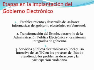 Etapas en la implantación del
Gobierno Electrónico
1. Establecimiento y desarrollo de las bases
informáticas del gobierno electrónico en Venezuela.
2.
2. Transformación del Estado, desarrollo de la
Administración Pública Electrónica y los sistemas
integrados de gobierno.
3.
3. Servicios públicos electrónicos en línea y uso
intensivo de las TIC en los procesos del Estado
atendiendo los problemas de acceso y la
participación ciudadana.
 