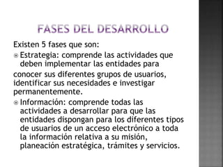 Existen 5 fases que son:
 Estrategia: comprende las actividades que
deben implementar las entidades para
conocer sus diferentes grupos de usuarios,
identificar sus necesidades e investigar
permanentemente.
 Información: comprende todas las
actividades a desarrollar para que las
entidades dispongan para los diferentes tipos
de usuarios de un acceso electrónico a toda
la información relativa a su misión,
planeación estratégica, trámites y servicios.
 